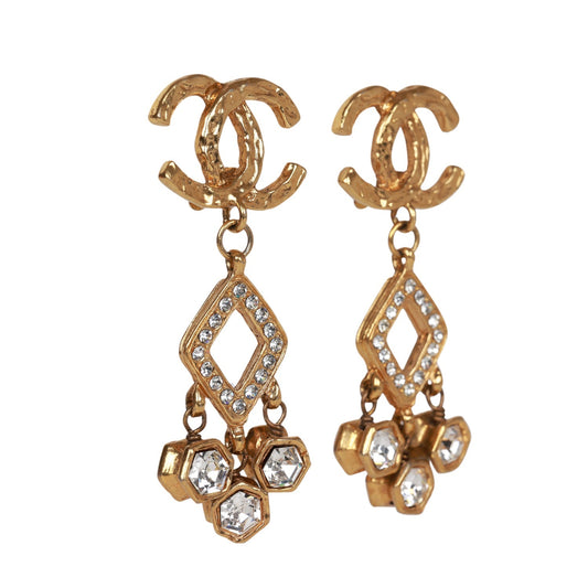 Chanel Vintage 24K Gold Plated Textured CC and Rhinestone Chandelier Clip Earrings