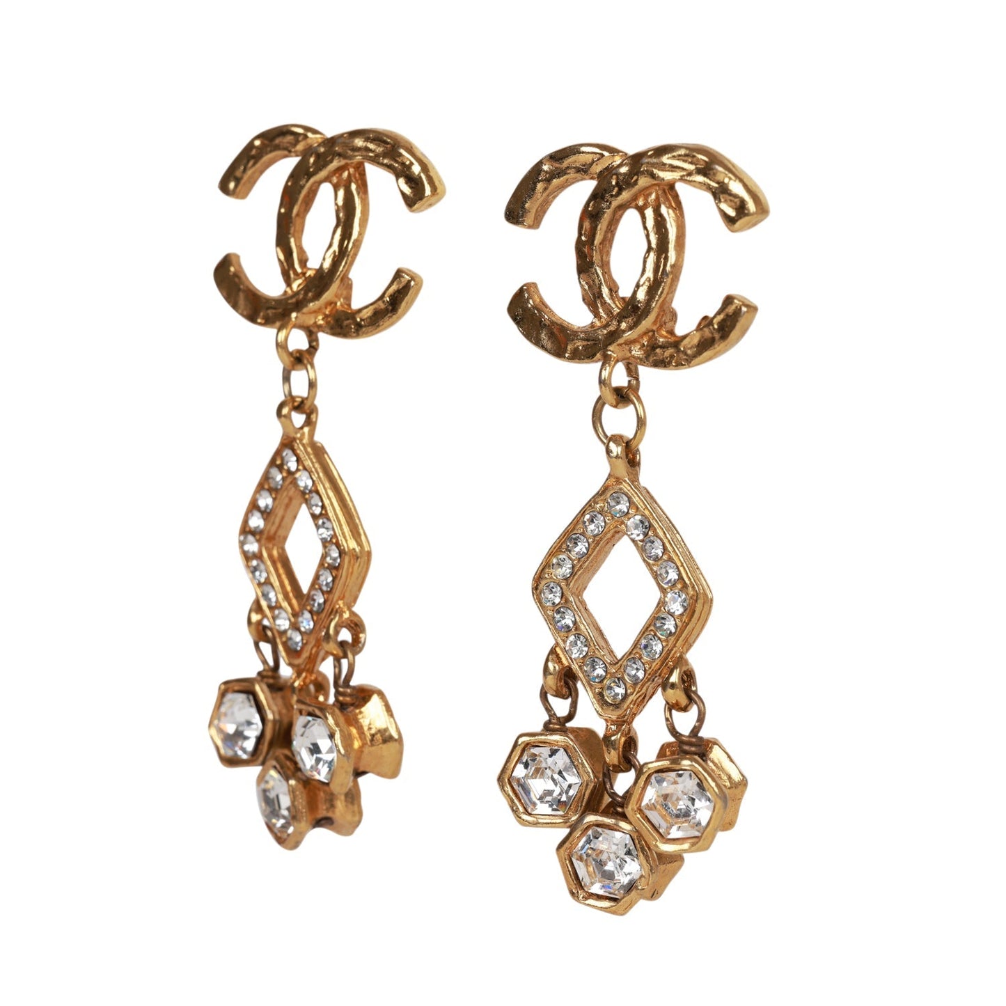 Chanel Vintage 24K Gold Plated Textured CC and Rhinestone Chandelier Clip Earrings