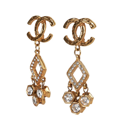 Chanel Vintage 24K Gold Plated Textured CC and Rhinestone Chandelier Clip Earrings