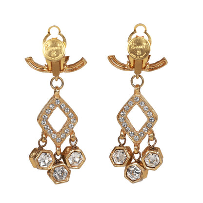 Chanel Vintage 24K Gold Plated Textured CC and Rhinestone Chandelier Clip Earrings
