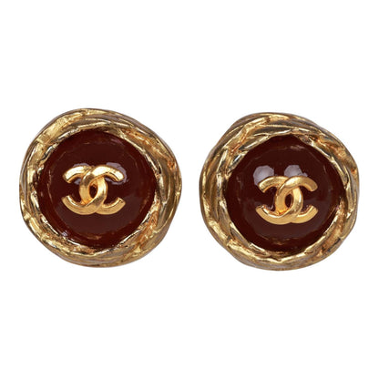 Chanel Vintage 24K Gold Plated CC Red Gripoix Stud Earrings