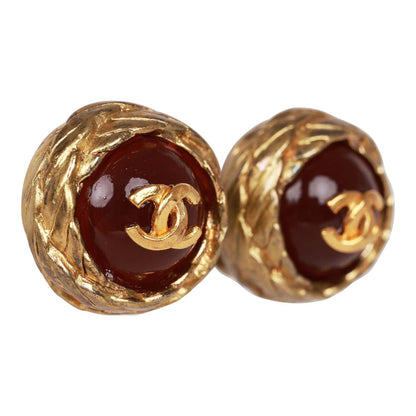 Chanel Vintage 24K Gold Plated CC Red Gripoix Stud Earrings