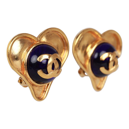 Chanel Vintage Blue CC Logo Gripoix Heart Earrings