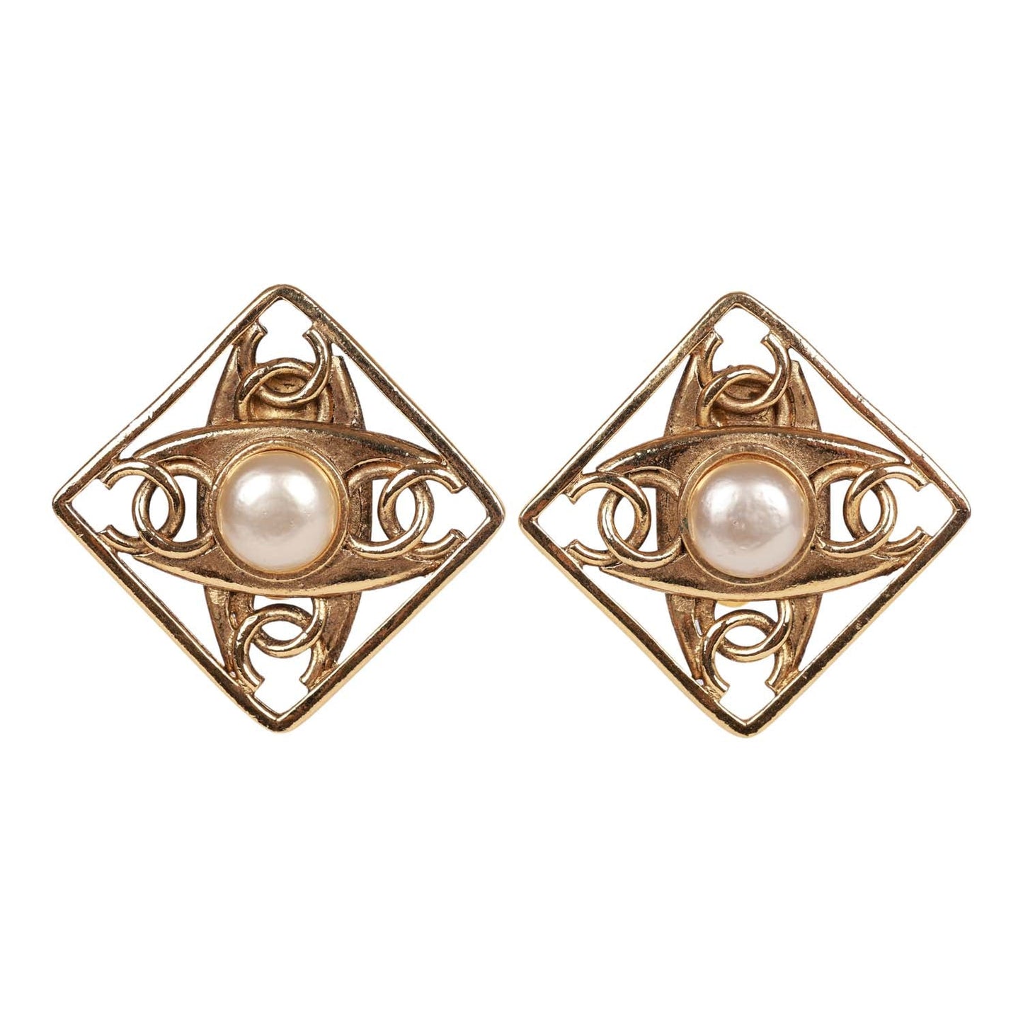 Chanel Vintage 24K Gold Plated CC Square Pearl Earrings
