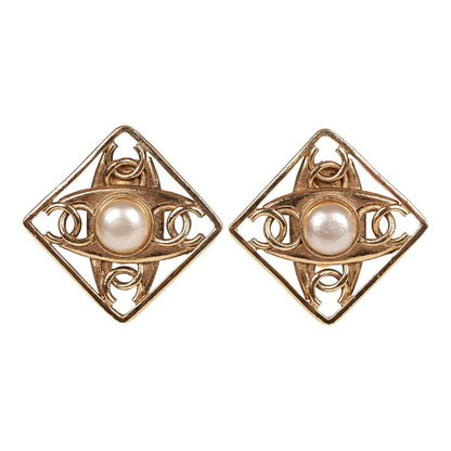 Chanel Vintage 24K Gold Plated CC Square Pearl Earrings