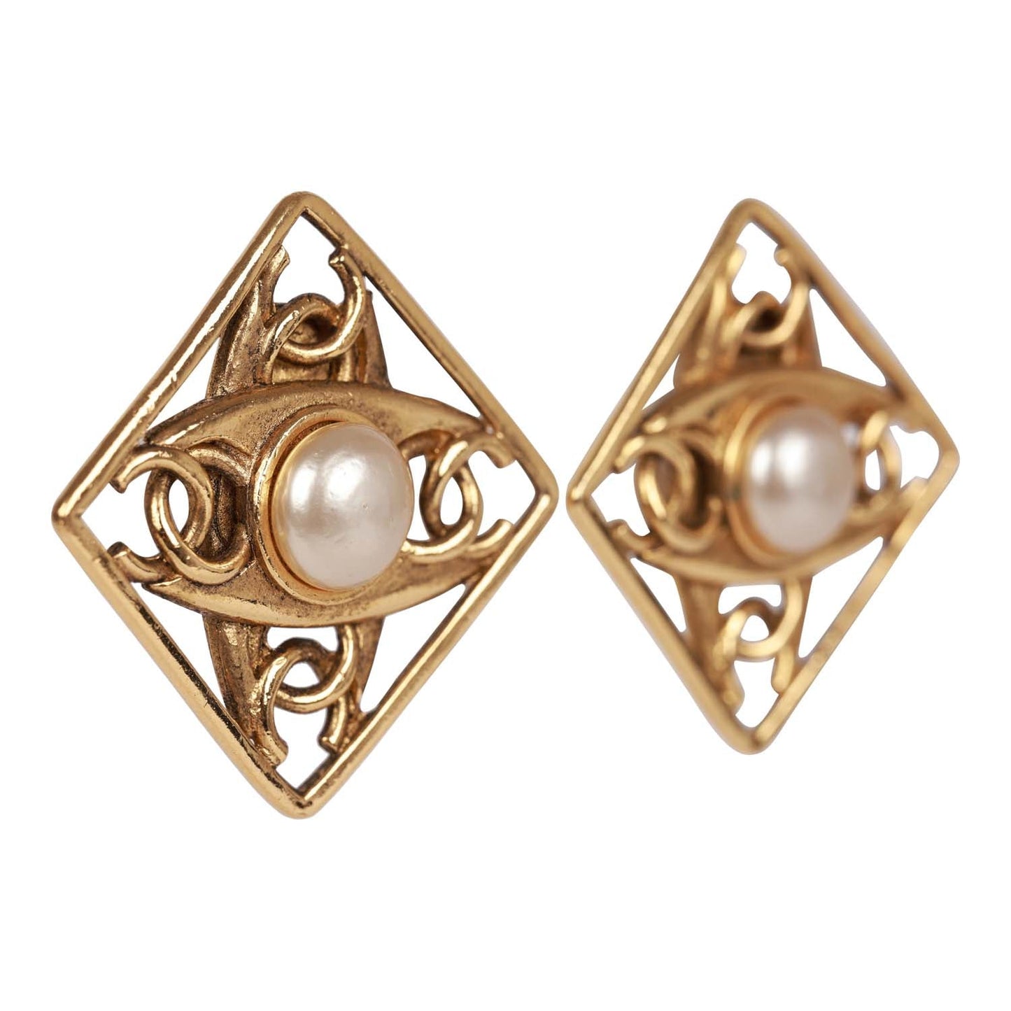 Chanel Vintage 24K Gold Plated CC Square Pearl Earrings