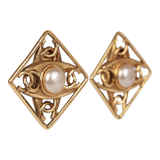 Chanel Vintage 24K Gold Plated CC Square Pearl Earrings