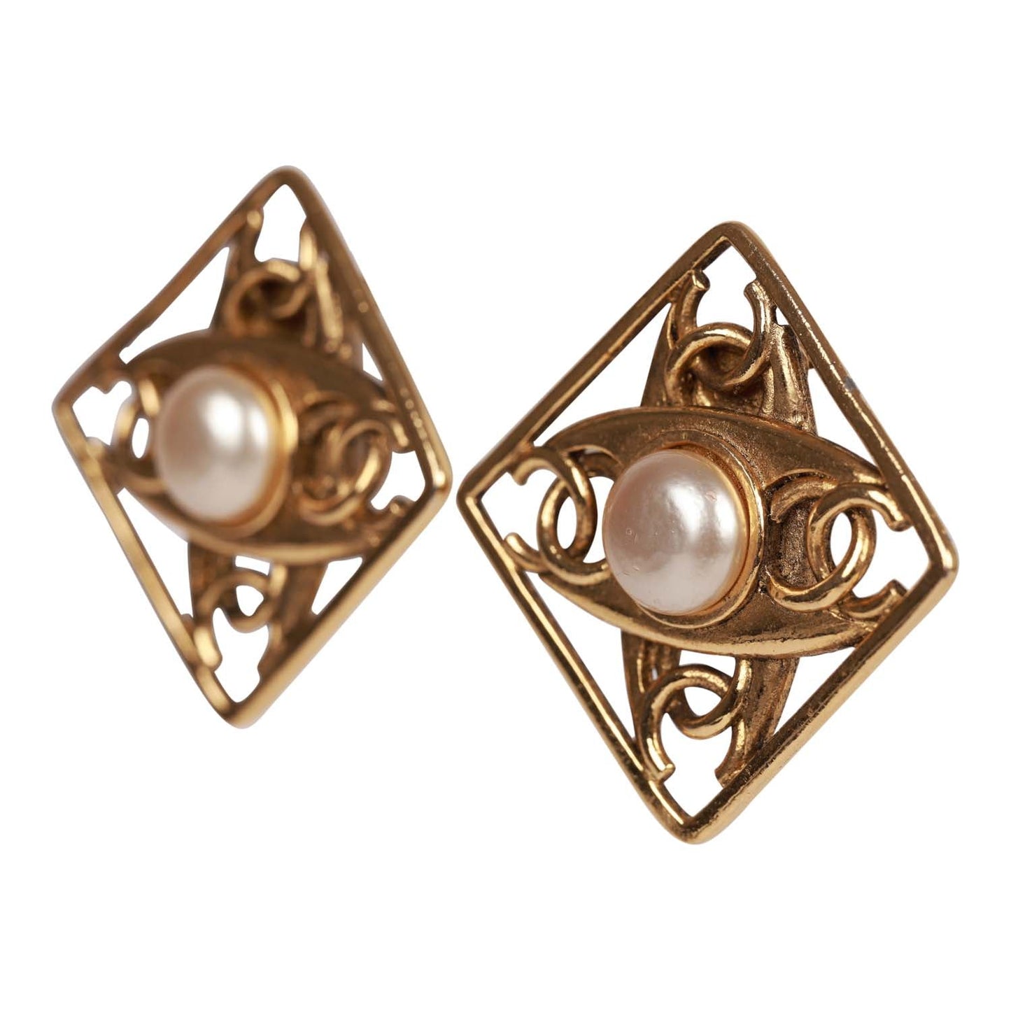 Chanel Vintage 24K Gold Plated CC Square Pearl Earrings