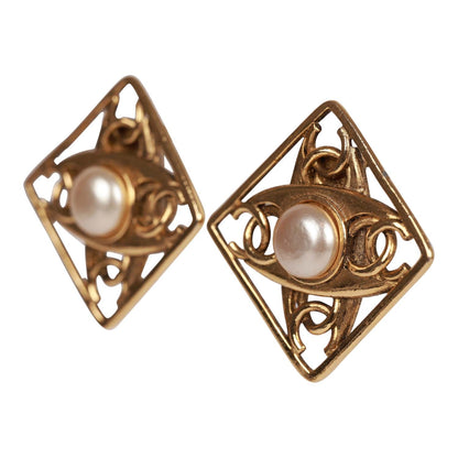 Chanel Vintage 24K Gold Plated CC Square Pearl Earrings
