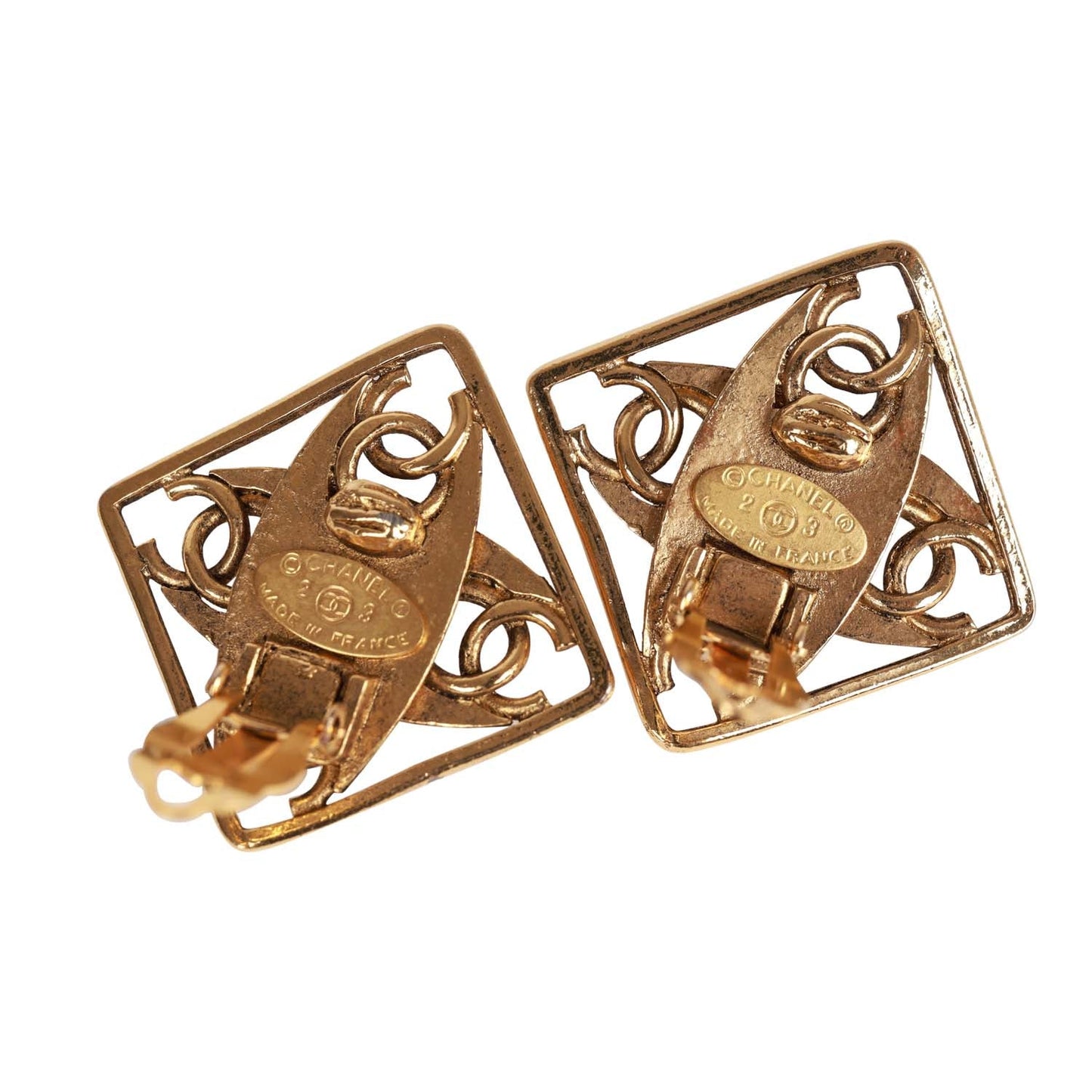 Chanel Vintage 24K Gold Plated CC Square Pearl Earrings
