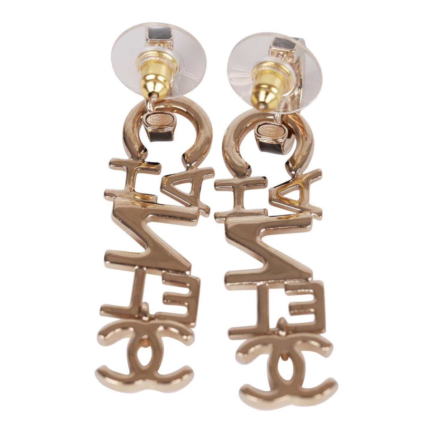 Chanel Black and Gold Letter Drop Earrings
