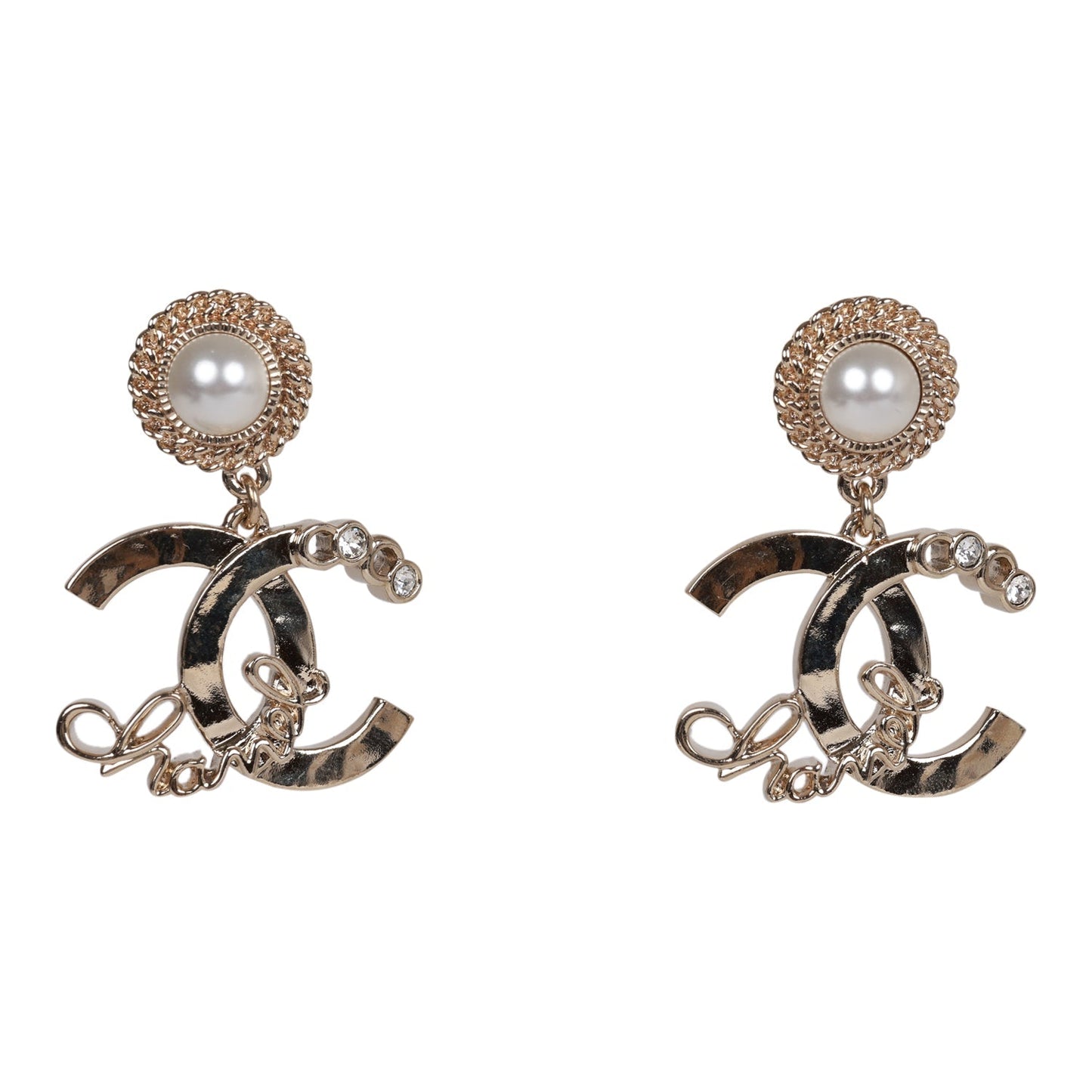 Chanel Light Gold Faux Pearl Crystal Coco Script CC Drop Earrings