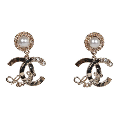 Chanel Light Gold Faux Pearl Crystal Coco Script CC Drop Earrings