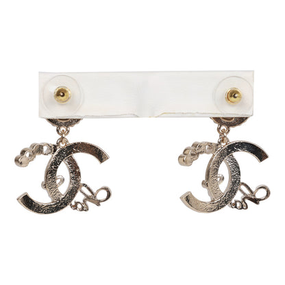 Chanel Light Gold Faux Pearl Crystal Coco Script CC Drop Earrings
