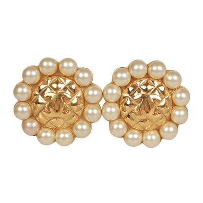 Chanel Vintage 24K Gold Plated CC Logo Pearl Circle Earrings