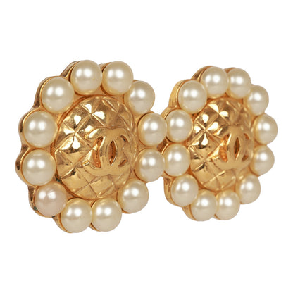 Chanel Vintage 24K Gold Plated CC Logo Pearl Circle Earrings