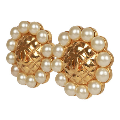 Chanel Vintage 24K Gold Plated CC Logo Pearl Circle Earrings