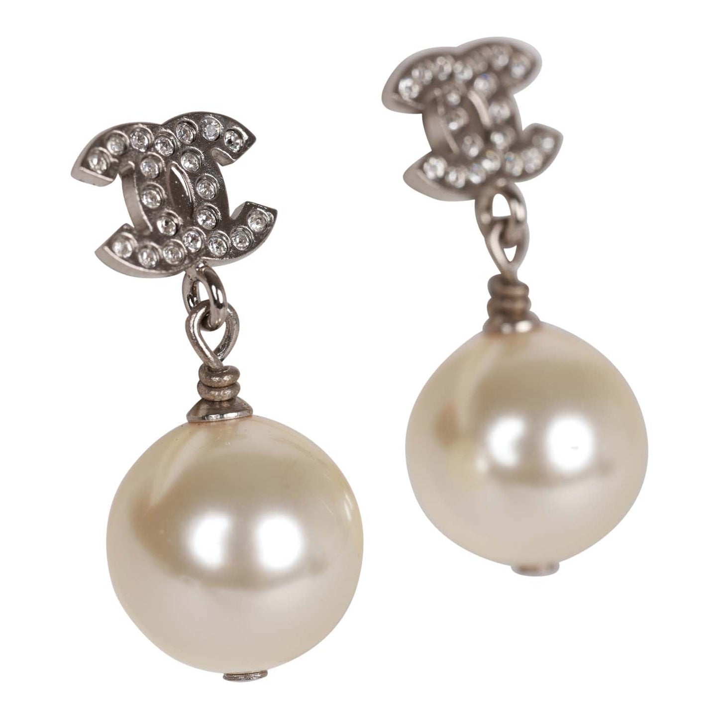 Chanel Silver CC Faux Crystal Pearl Drop Earrings