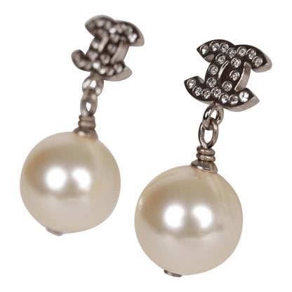 Chanel Silver CC Faux Crystal Pearl Drop Earrings