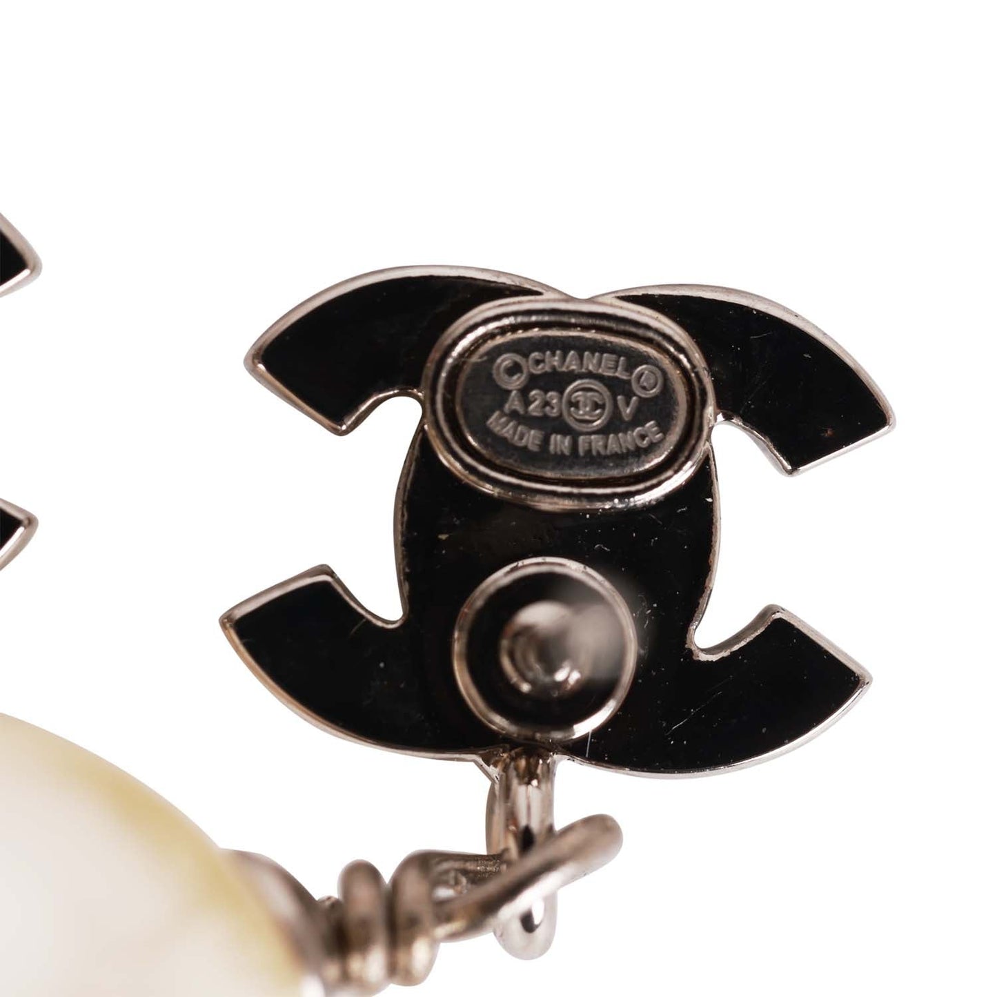 Chanel Silver CC Faux Crystal Pearl Drop Earrings