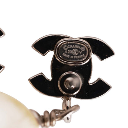 Chanel Silver CC Faux Crystal Pearl Drop Earrings