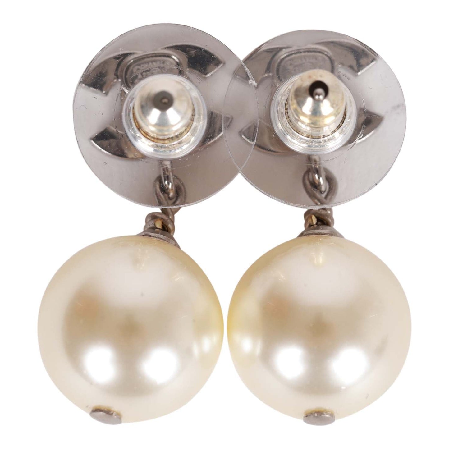 Chanel Silver CC Faux Crystal Pearl Drop Earrings