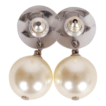 Chanel Silver CC Faux Crystal Pearl Drop Earrings