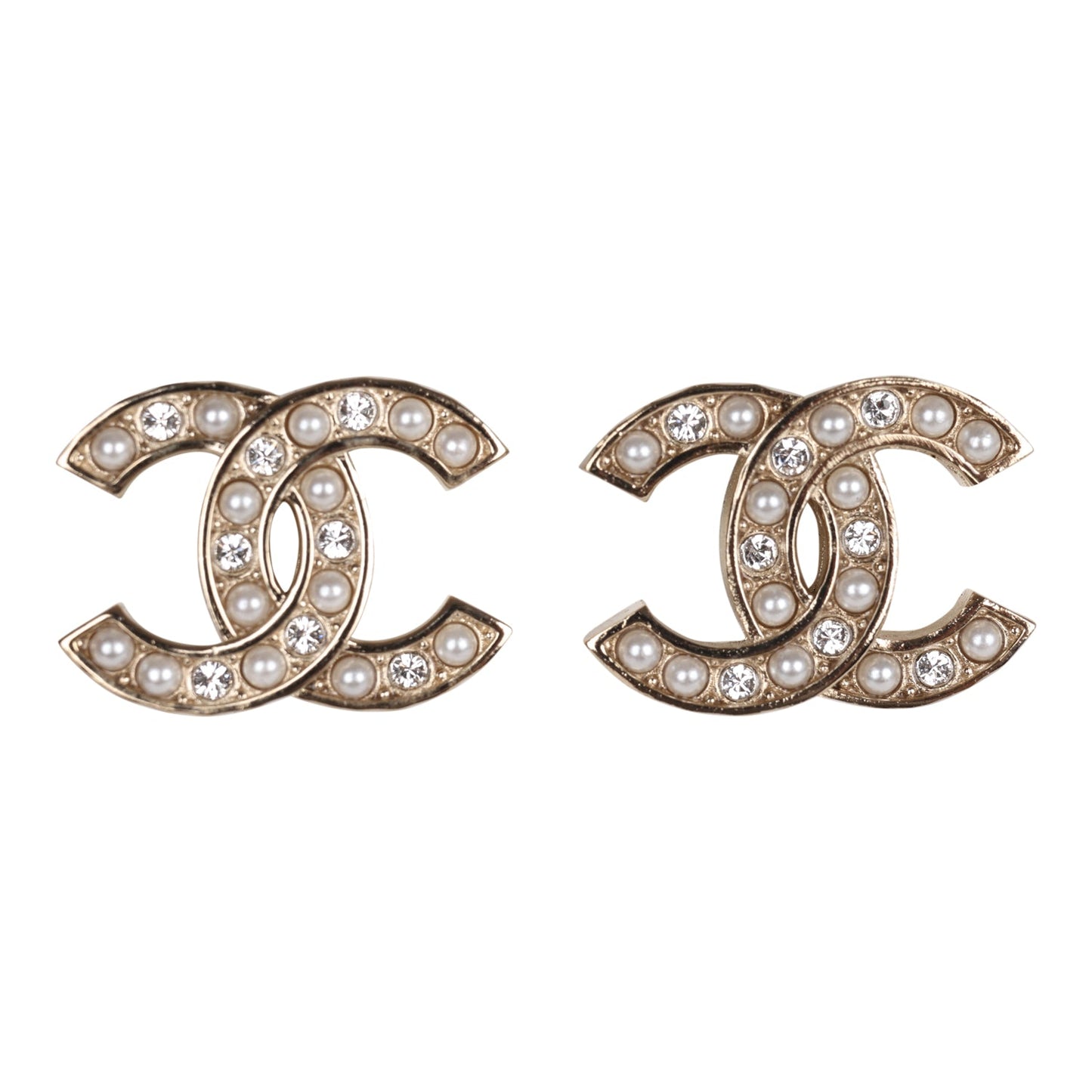 Chanel Gold Crystal and Pearl CC Stud Earrings