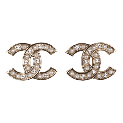 Chanel Gold Crystal and Pearl CC Stud Earrings
