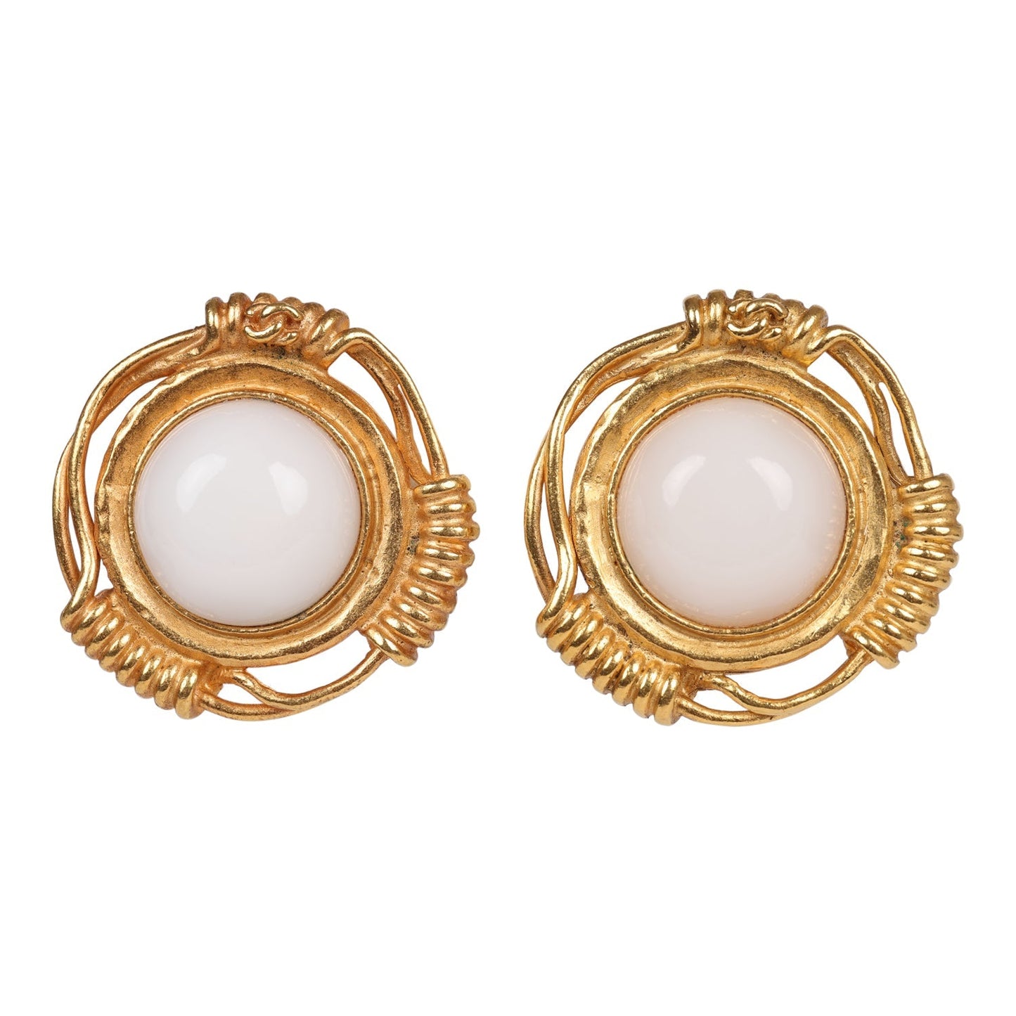 Chanel Vintage 24K Gold Plated White Gripoix Earrings