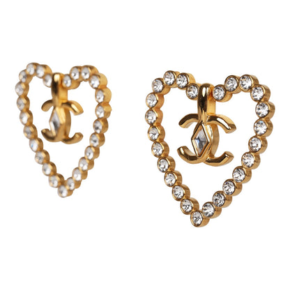 Chanel Heart Shaped Rhinestone Earrings With Gold Metal CC Drop