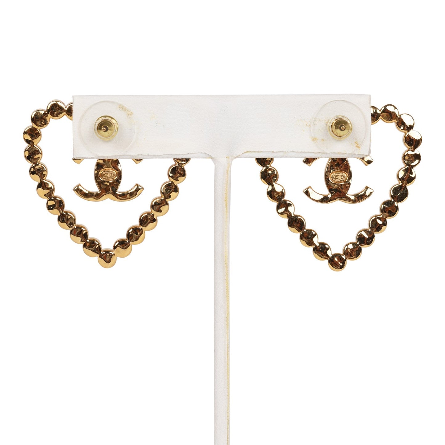 Chanel Heart Shaped Rhinestone Earrings With Gold Metal CC Drop