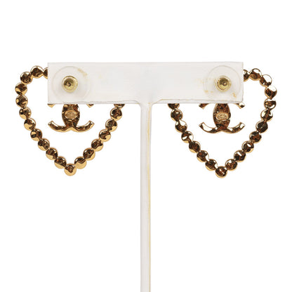Chanel Heart Shaped Rhinestone Earrings With Gold Metal CC Drop