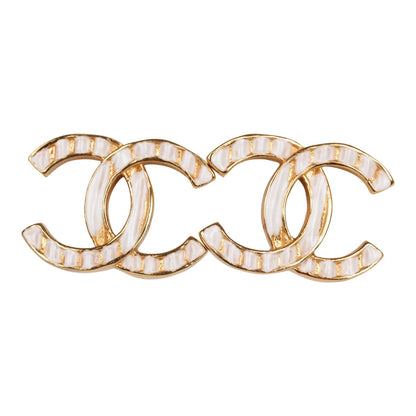 Chanel CC Stud Earrings White Textured Enamel and Gold Metal