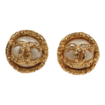 Chanel Vintage 24K Gold Plated Lava CC and Faux Pearl Earrings