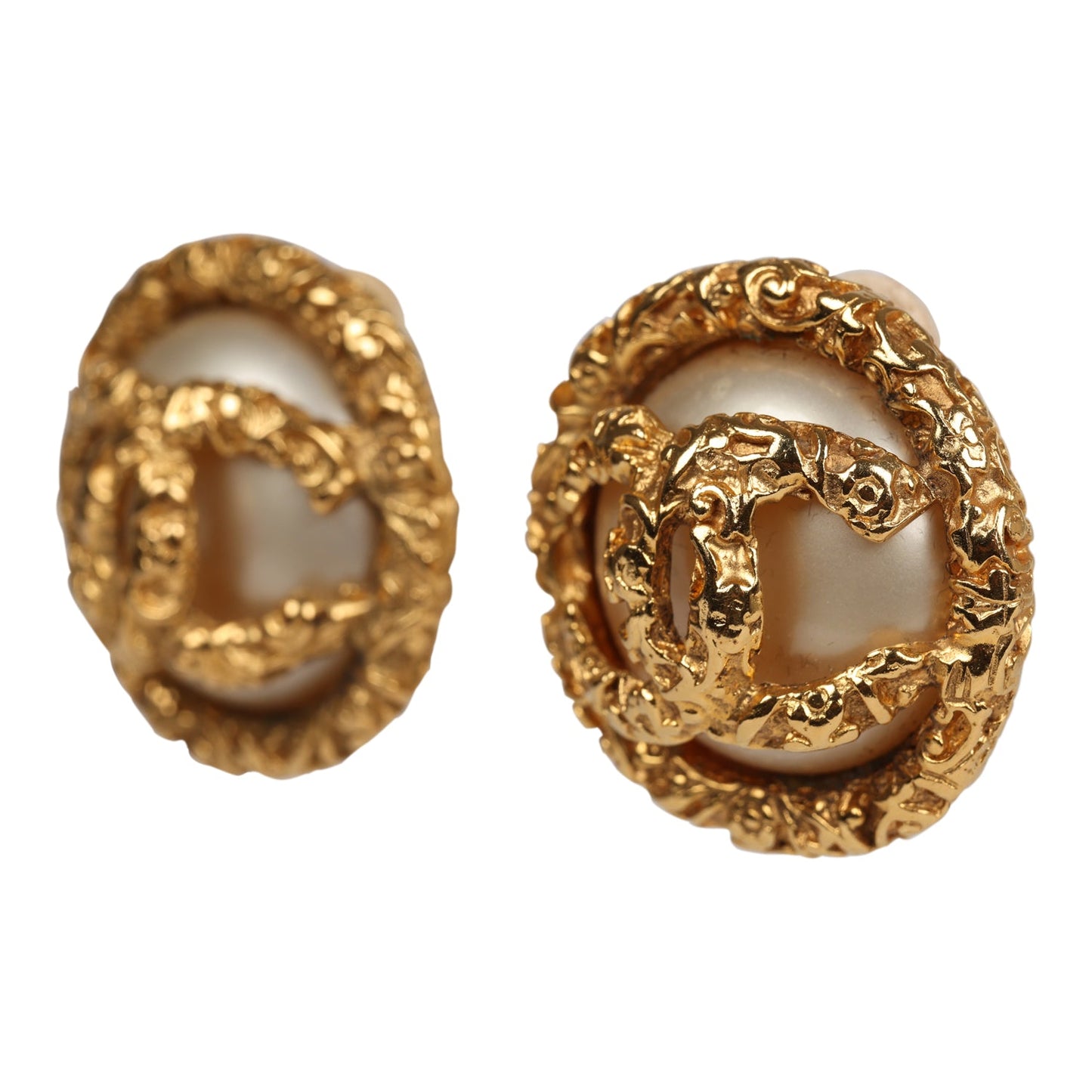 Chanel Vintage 24K Gold Plated Lava CC and Faux Pearl Earrings