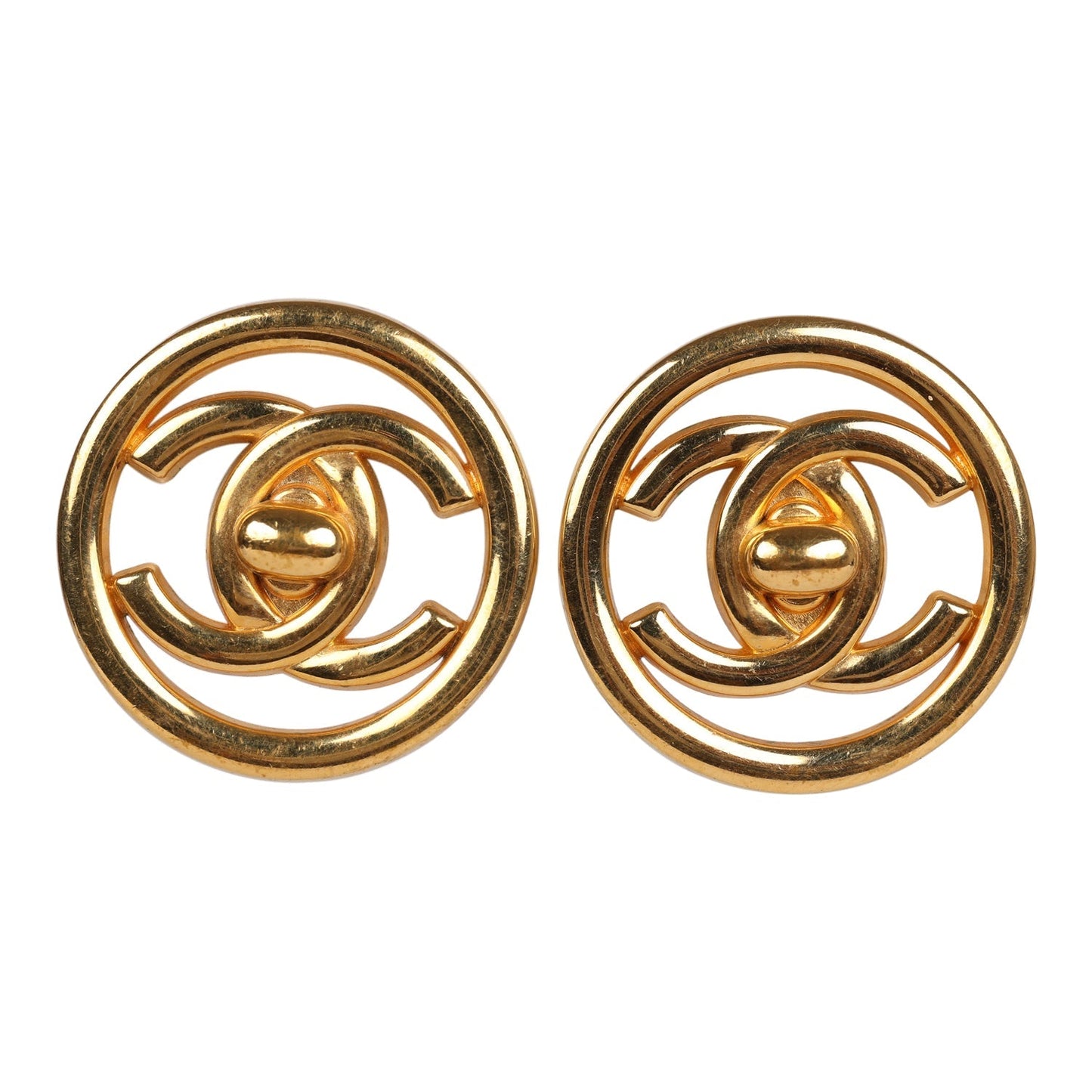 Chanel Vintage 24K Gold Plated CC Circle Turnlock Earrings
