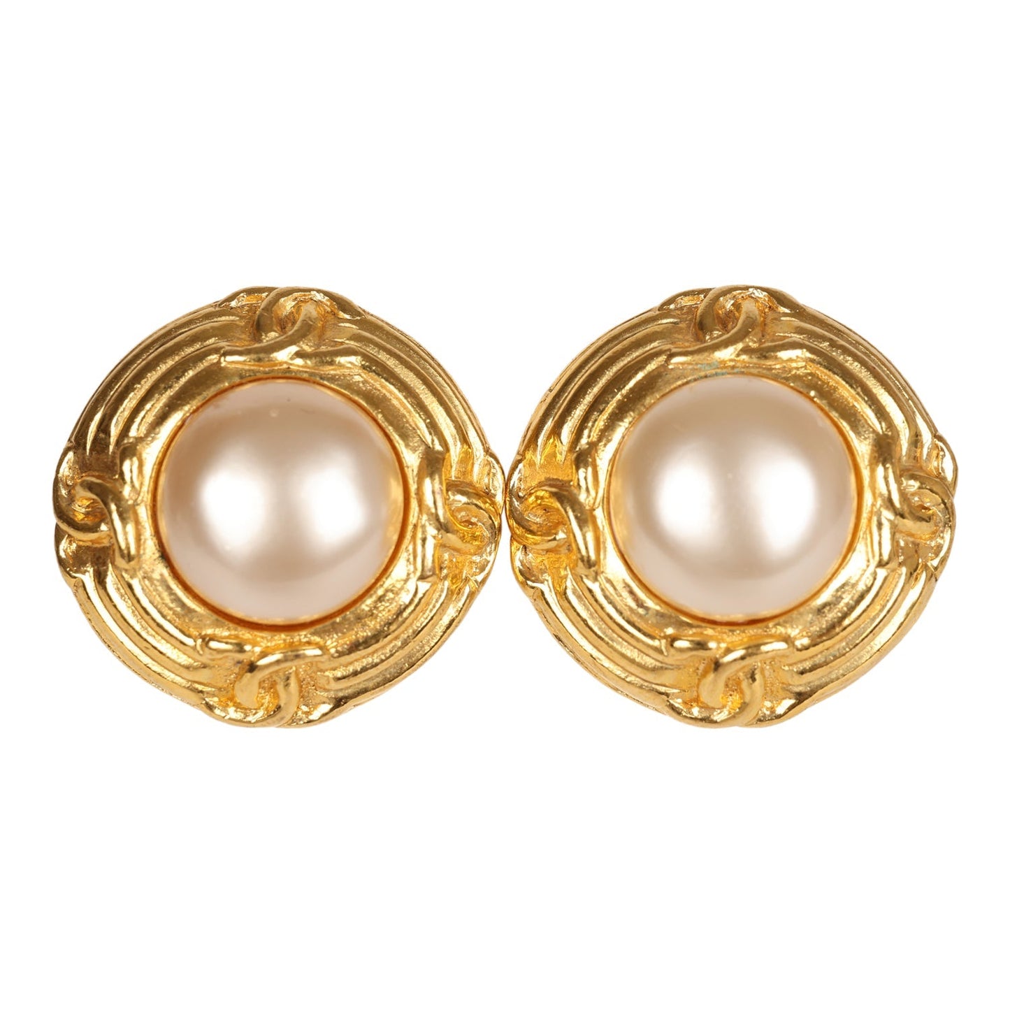 Chanel Vintage 24K Gold Plated Pearl Round CC Button Clip On Earrings