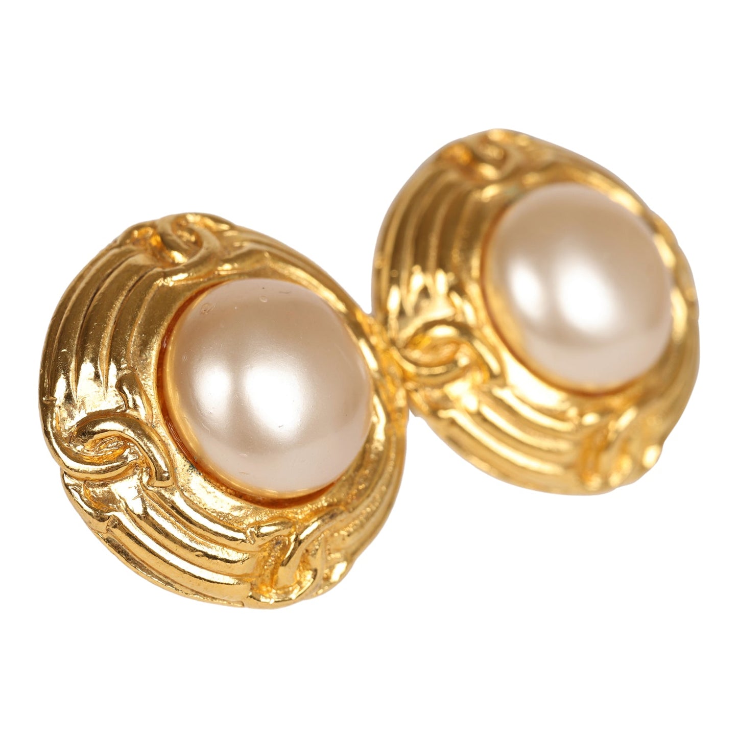Chanel Vintage 24K Gold Plated Pearl Round CC Button Clip On Earrings