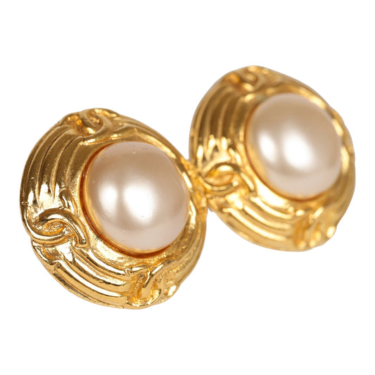 Chanel Vintage 24K Gold Plated Pearl Round CC Button Clip On Earrings