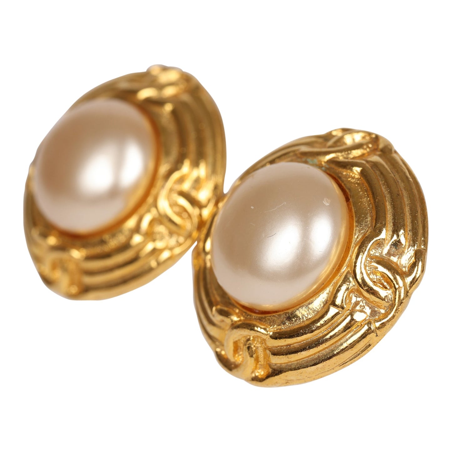 Chanel Vintage 24K Gold Plated Pearl Round CC Button Clip On Earrings