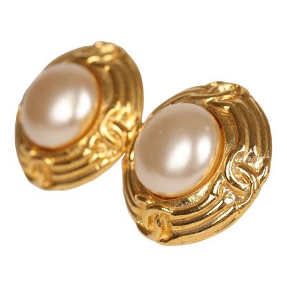 Chanel Vintage 24K Gold Plated Pearl Round CC Button Clip On Earrings