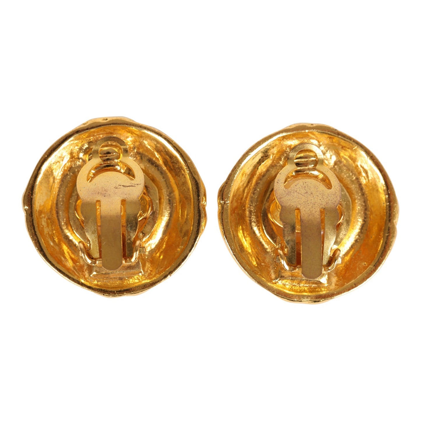 Chanel Vintage 24K Gold Plated Pearl Round CC Button Clip On Earrings