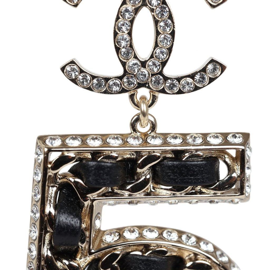 Chanel Crystal CC No 5 Chain Drop Dangle Earrings Black Leather Light Gold Metal
