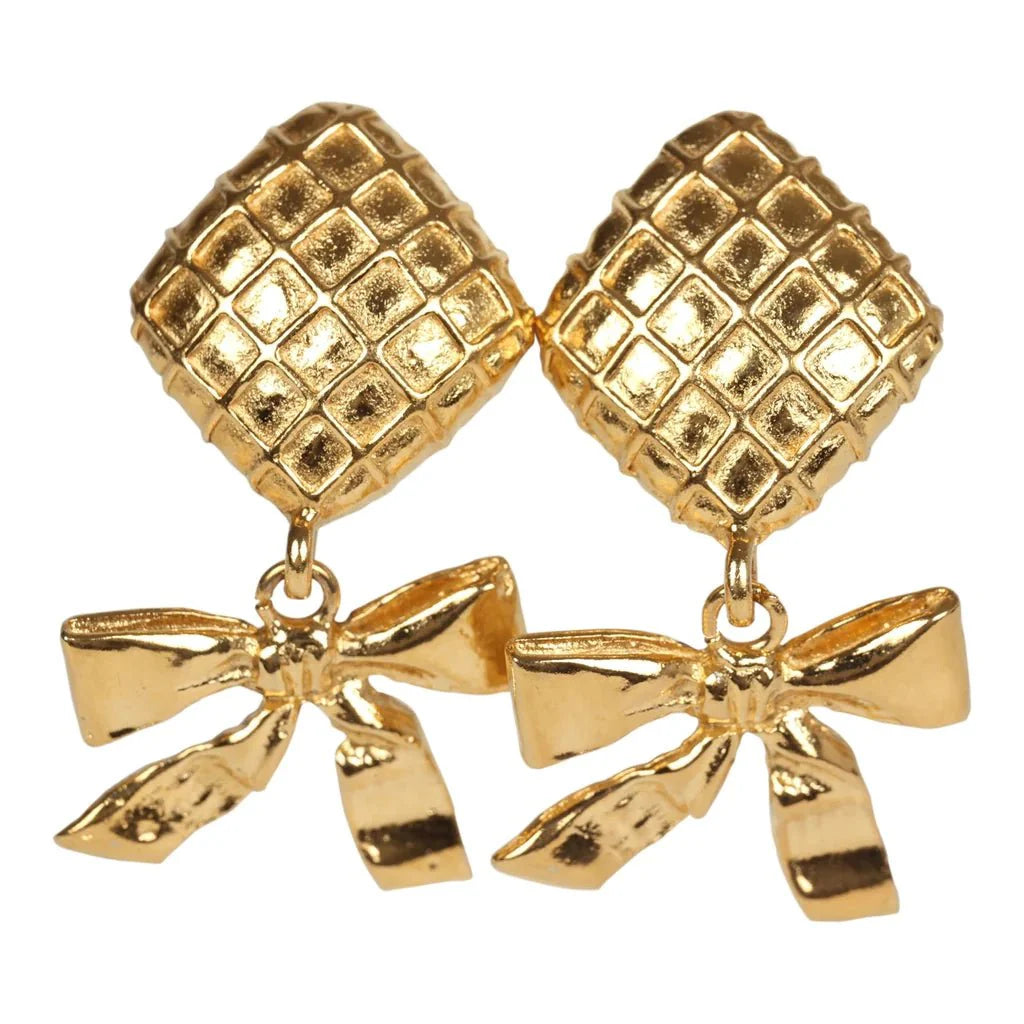 Chanel Vintage 24K Gold Plated Dangle Bow Clip On Earrings