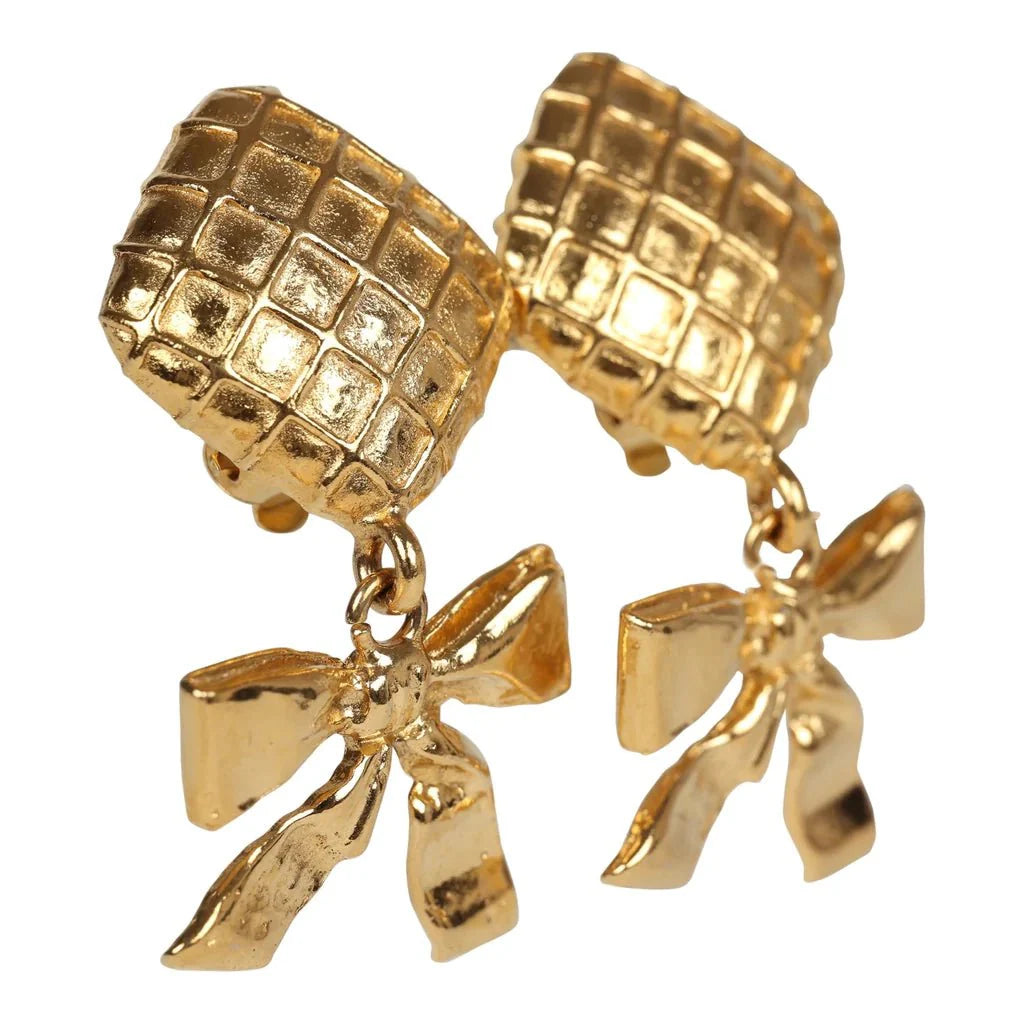 Chanel Vintage 24K Gold Plated Dangle Bow Clip On Earrings