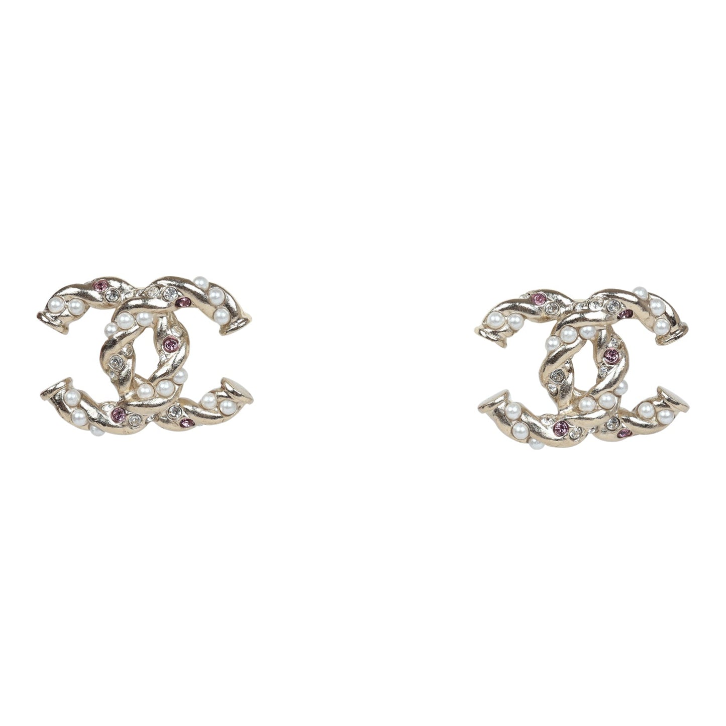 Chanel Twisted CC Light Pink and White Crystal and Pearl Earrings Gold Metal Hardware