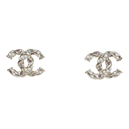 Chanel Twisted CC Light Pink and White Crystal and Pearl Earrings Gold Metal Hardware
