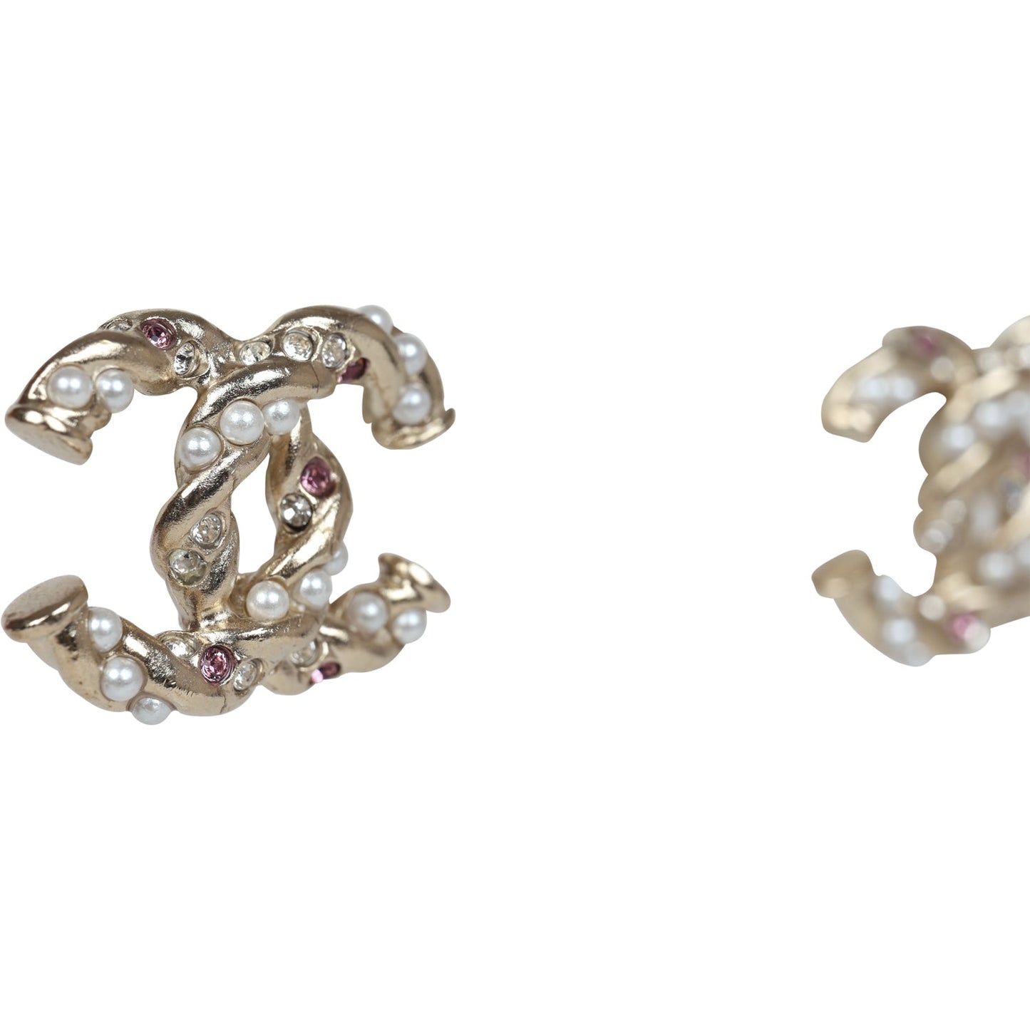 Chanel Twisted CC Light Pink and White Crystal and Pearl Earrings Gold Metal Hardware