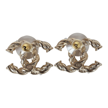 Chanel Twisted CC Light Pink and White Crystal and Pearl Earrings Gold Metal Hardware